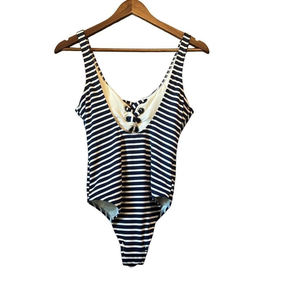 Aerie One Piece Swimsuit Womens Small Long Navy White Striped Lace Up Ribbed EX - Picture 5 of 5